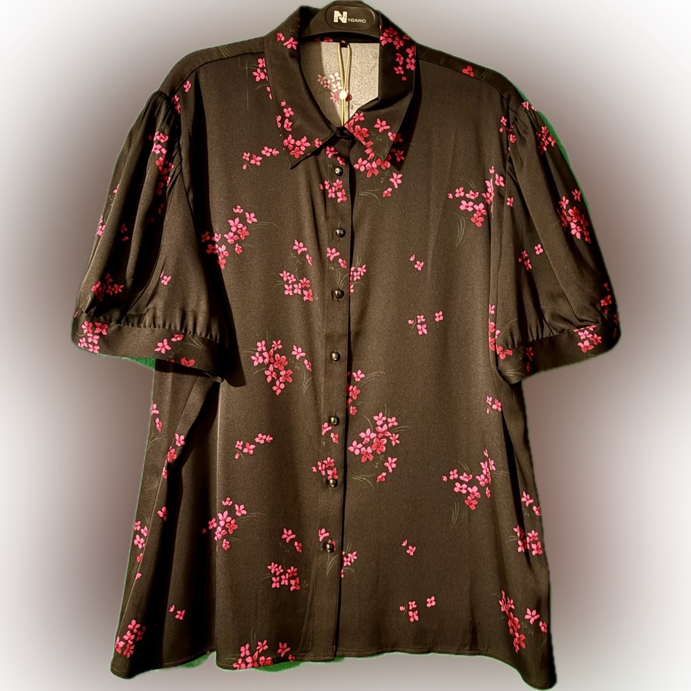 Quince Silk Blouse, Black & Pink washable stretch silk NWT XL